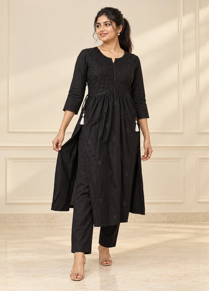 VN Black Embellished Flared Kurta Set