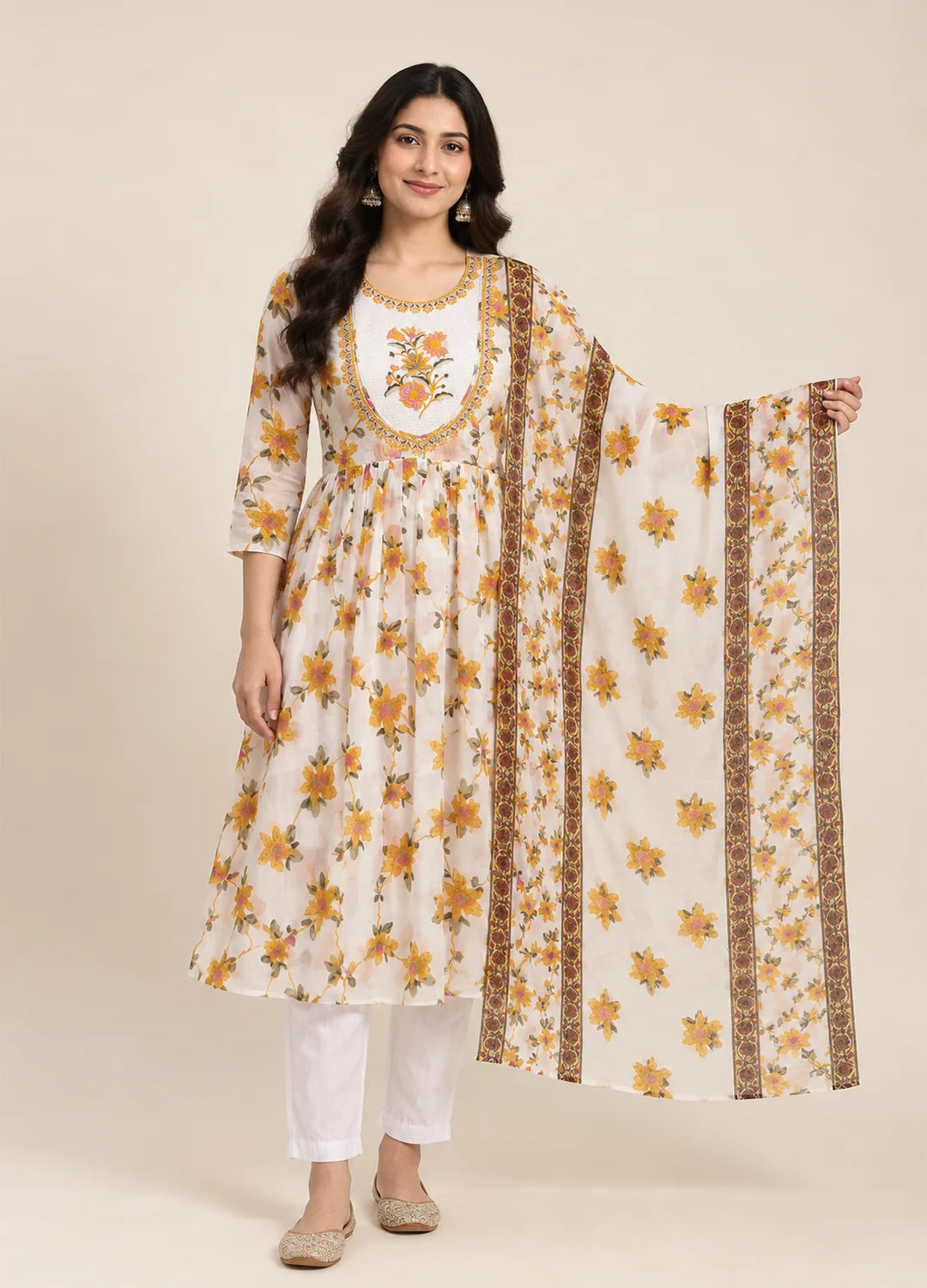 VN Ivory Floral Print Kurta Set