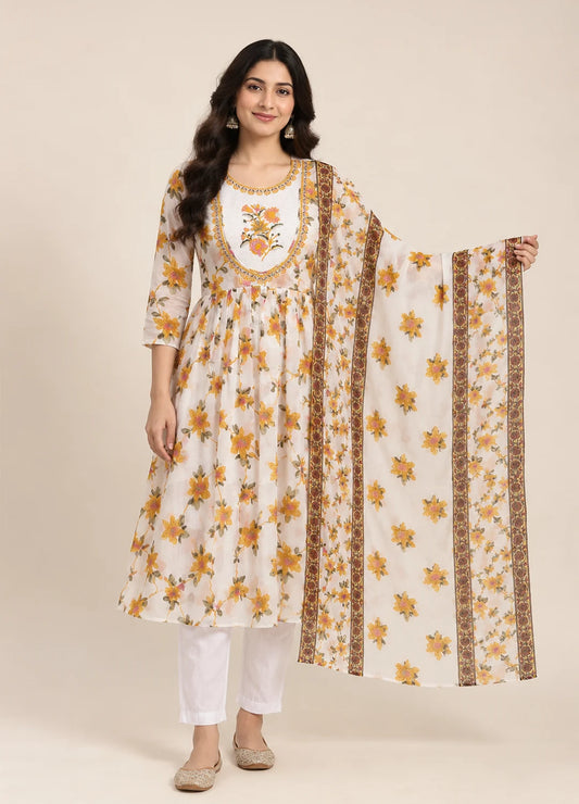 VN Ivory Floral Print Kurta Set