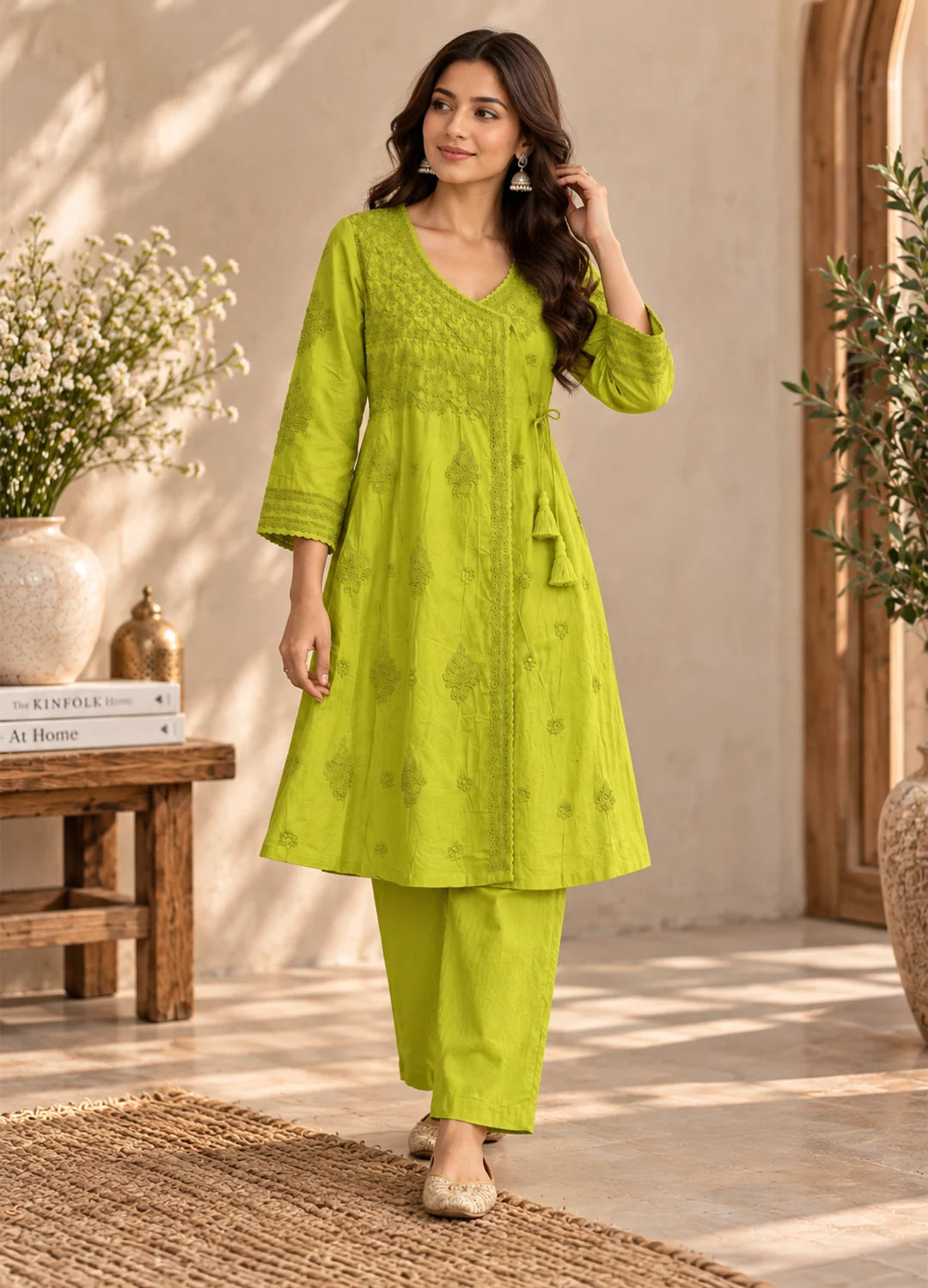 VN Lime Green Embroidered Flared Kurta with Straight Pants
