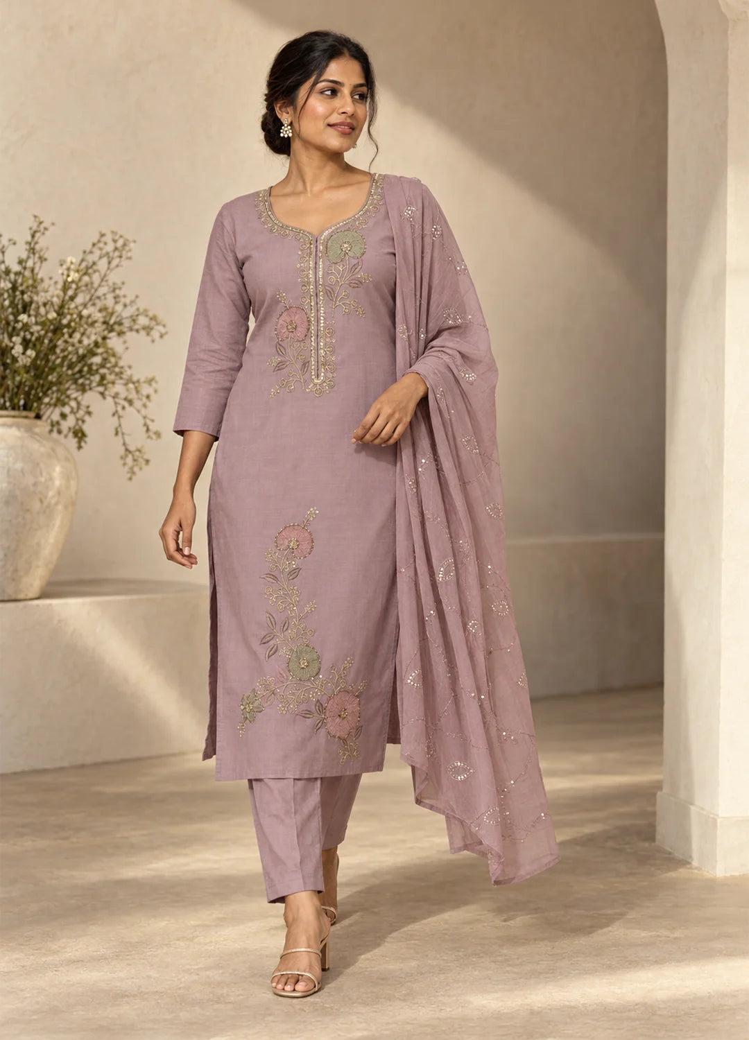 VN Mauve Embroidered Silk Cotton Suit Set