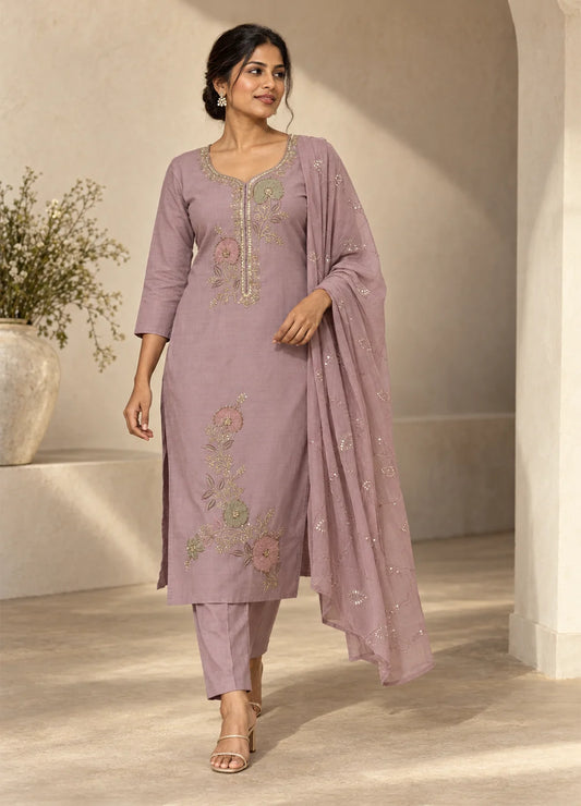 VN Mauve Embroidered Silk Cotton Suit Set