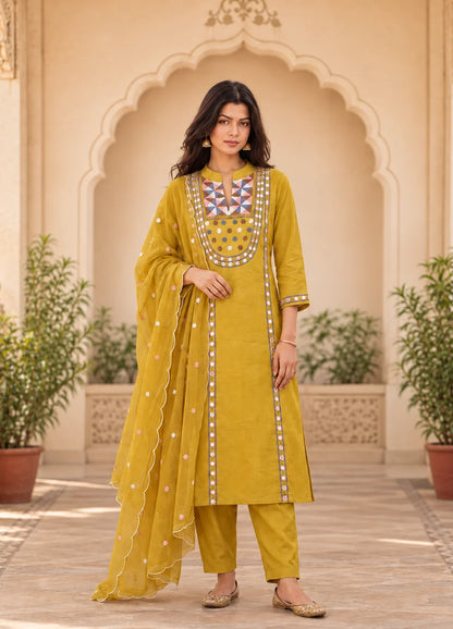 VN Mustard Mirror Work Kurta Set