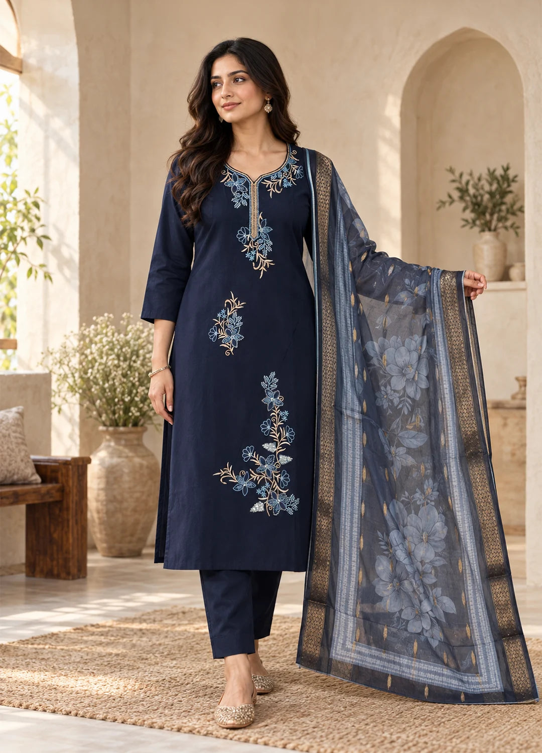 VN Navy Blue Floral Embroidered Kurta Set