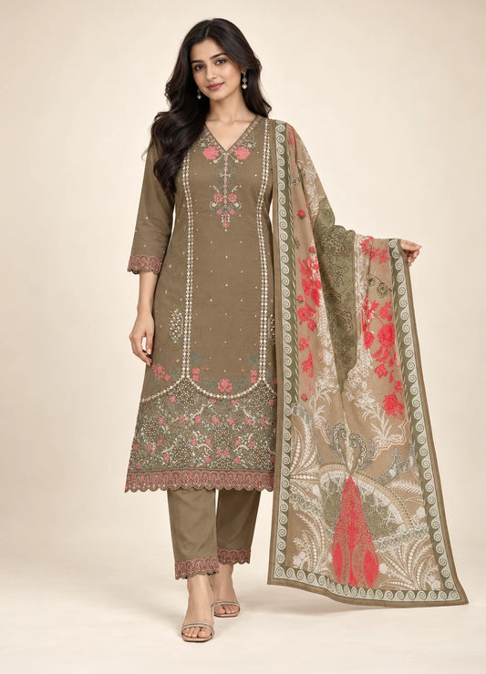 VN Olive Green Embroidered Silk Suit Set