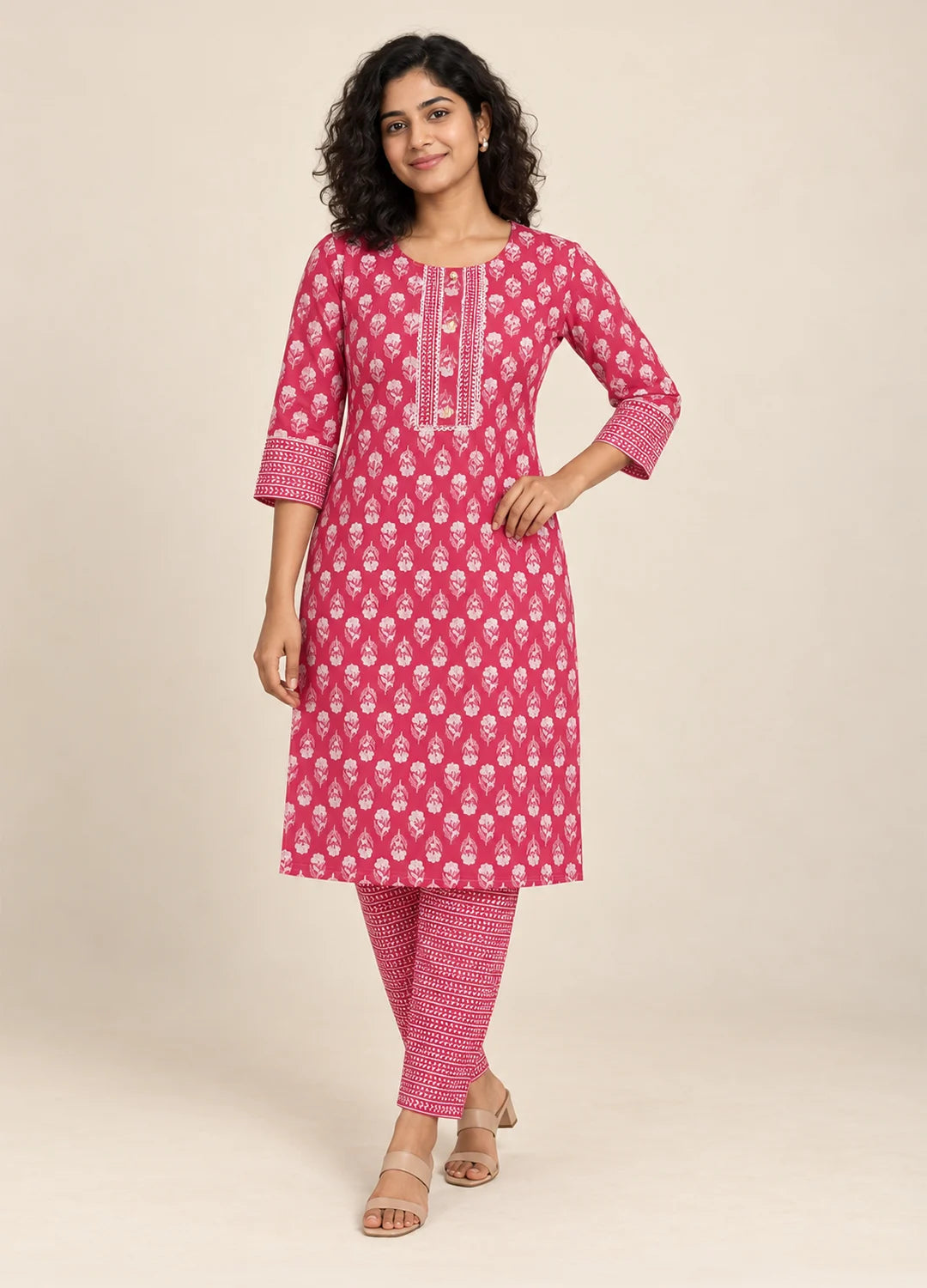 VN Pink Floral Print Kurta with Straight Pants