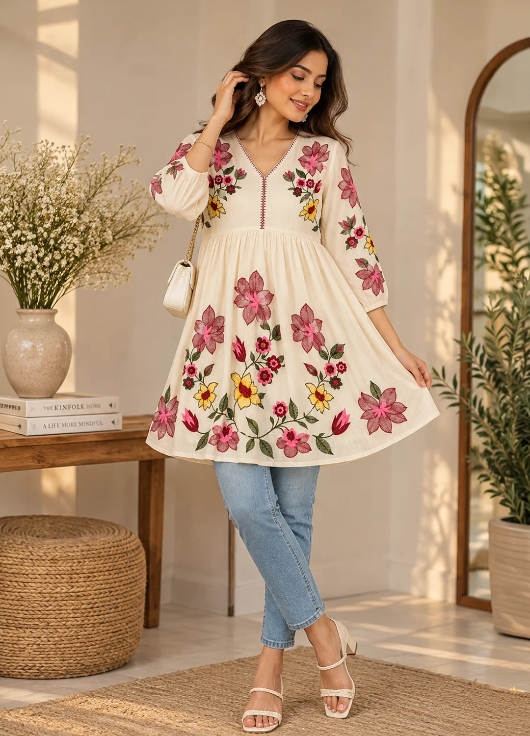 VN Ivory Cotton Floral Embroidered Flared Top