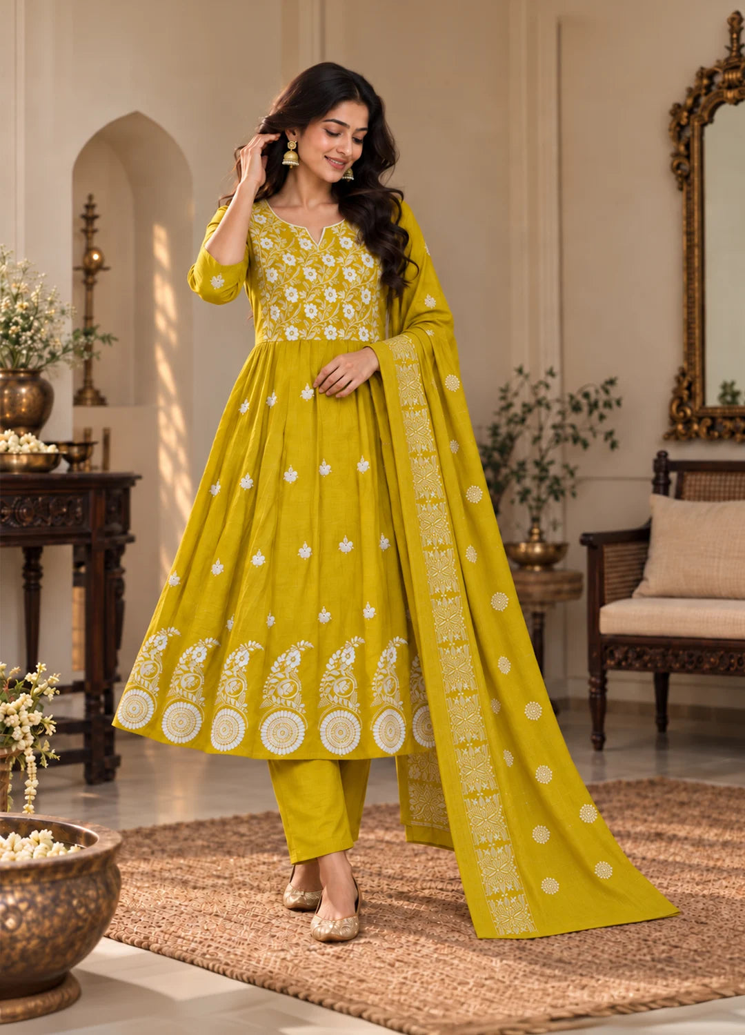 VN Mustard Embroidered Flared Kurta Set