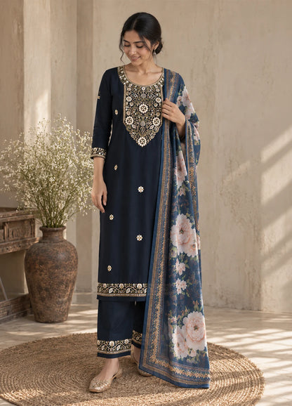 VN Navy Blue Embroidered Kurta Set