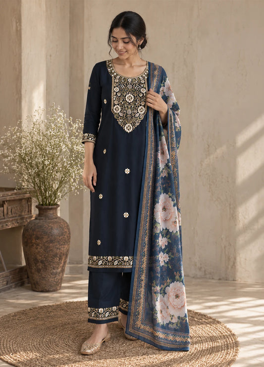 VN Navy Blue Embroidered Kurta Set