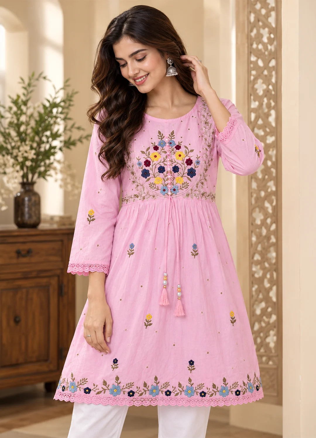 VN Pink Floral Embroidered Flared Top