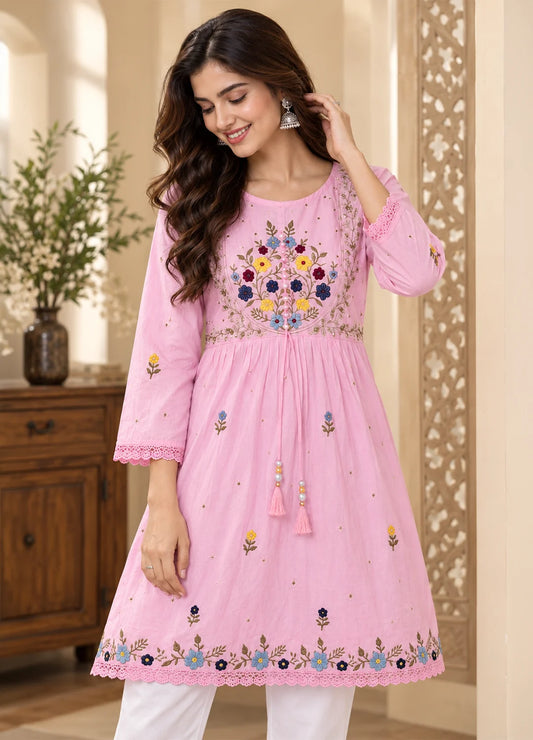 VN Pink Floral Embroidered Flared Top
