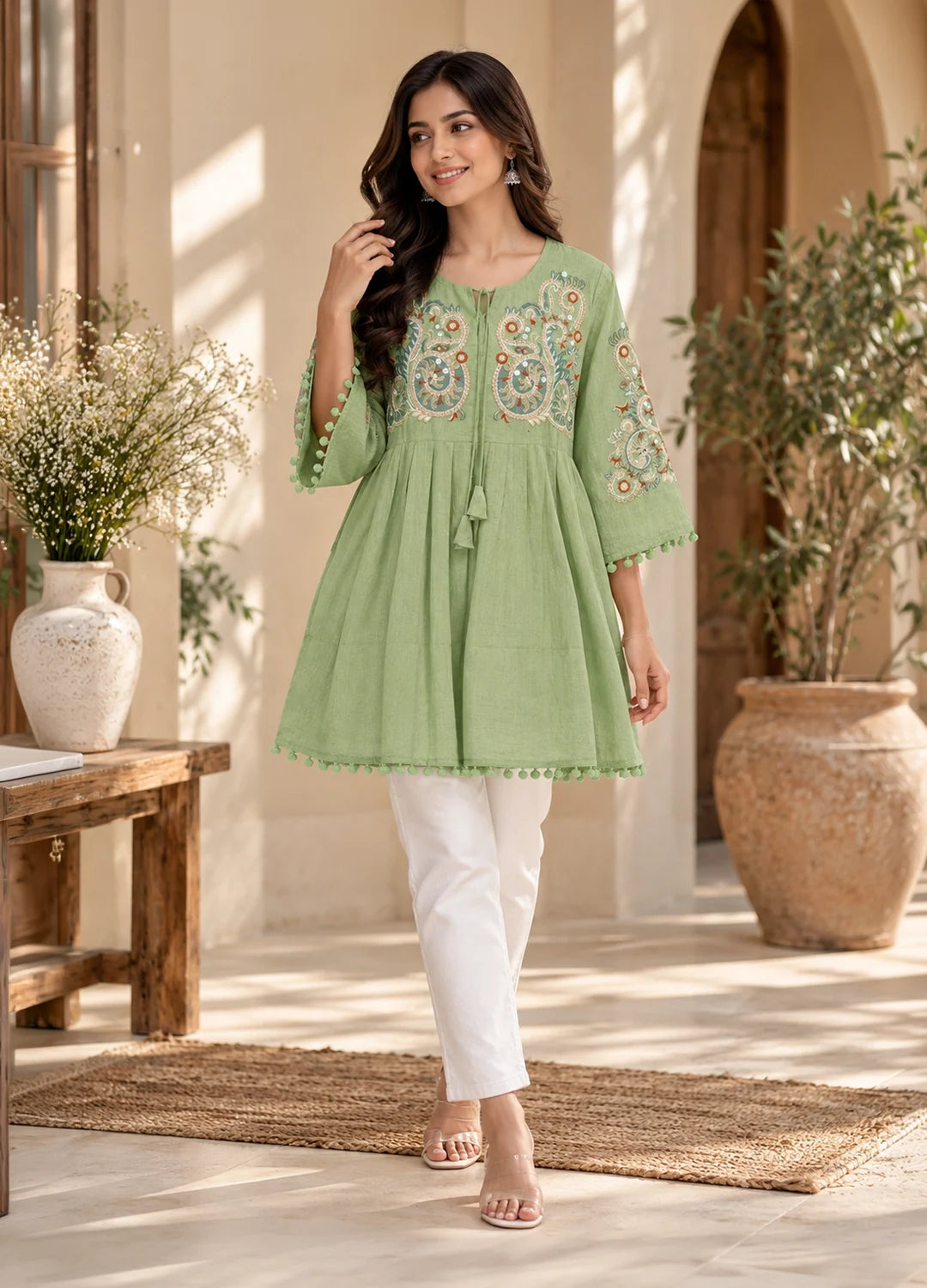 VN Pistachio Green Embroidered Flared Top