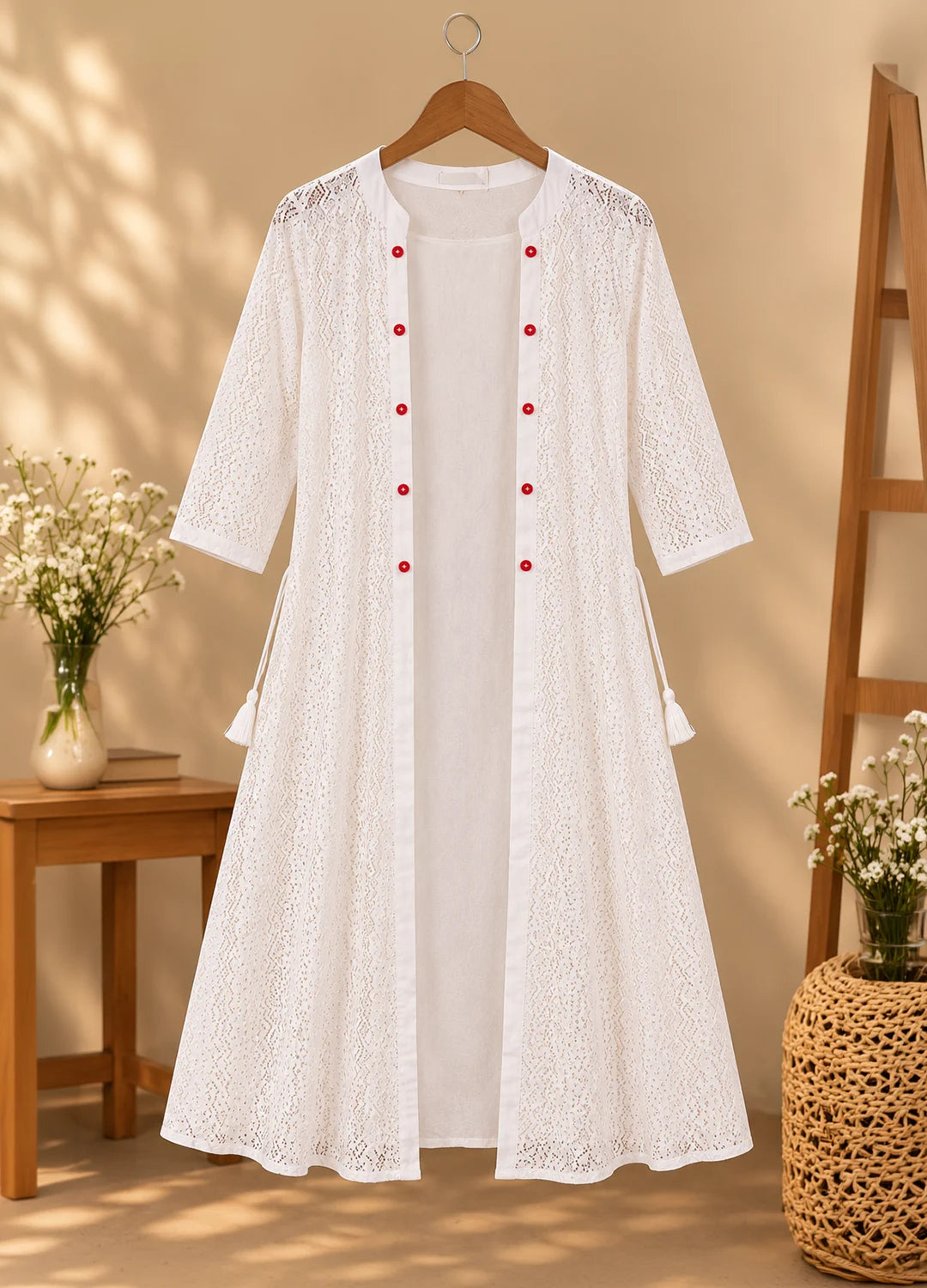 VN White & Yellow Cotton Lace Shrug Kurta