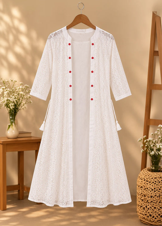 VN White & Yellow Cotton Lace Shrug Kurta