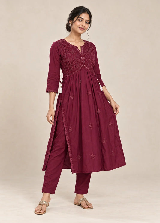 VN Wine Embellished Flared Kurta Set