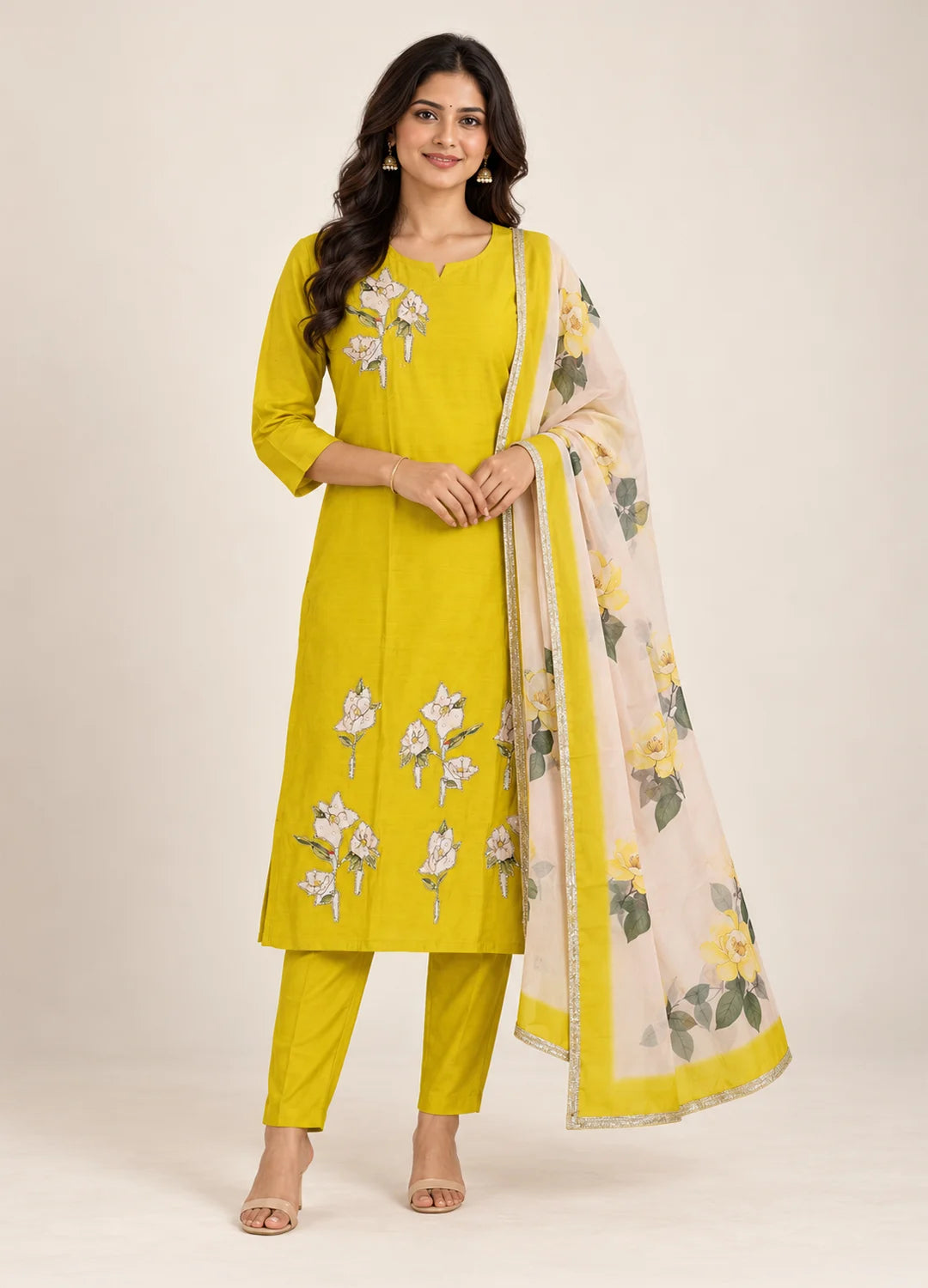 VN Yellow Floral Applique Kurta Set