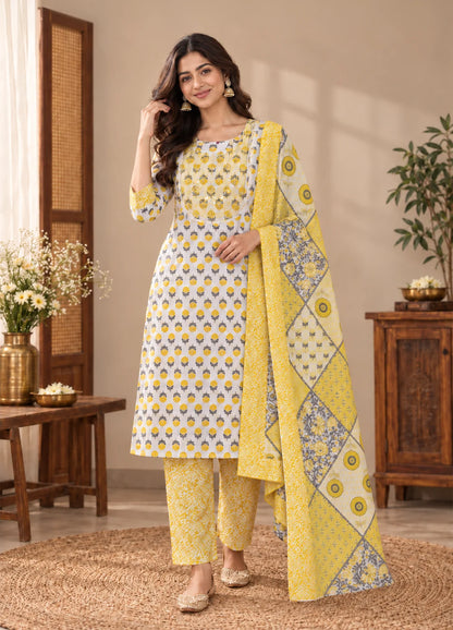VN Yellow Floral Block Print Kurta Set
