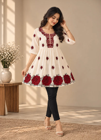 VN Ivory Peplum Top with Rose Embroidery