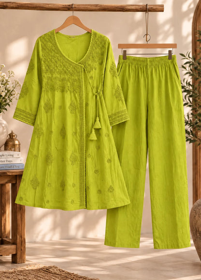 VN Lime Green Embroidered Flared Kurta with Straight Pants
