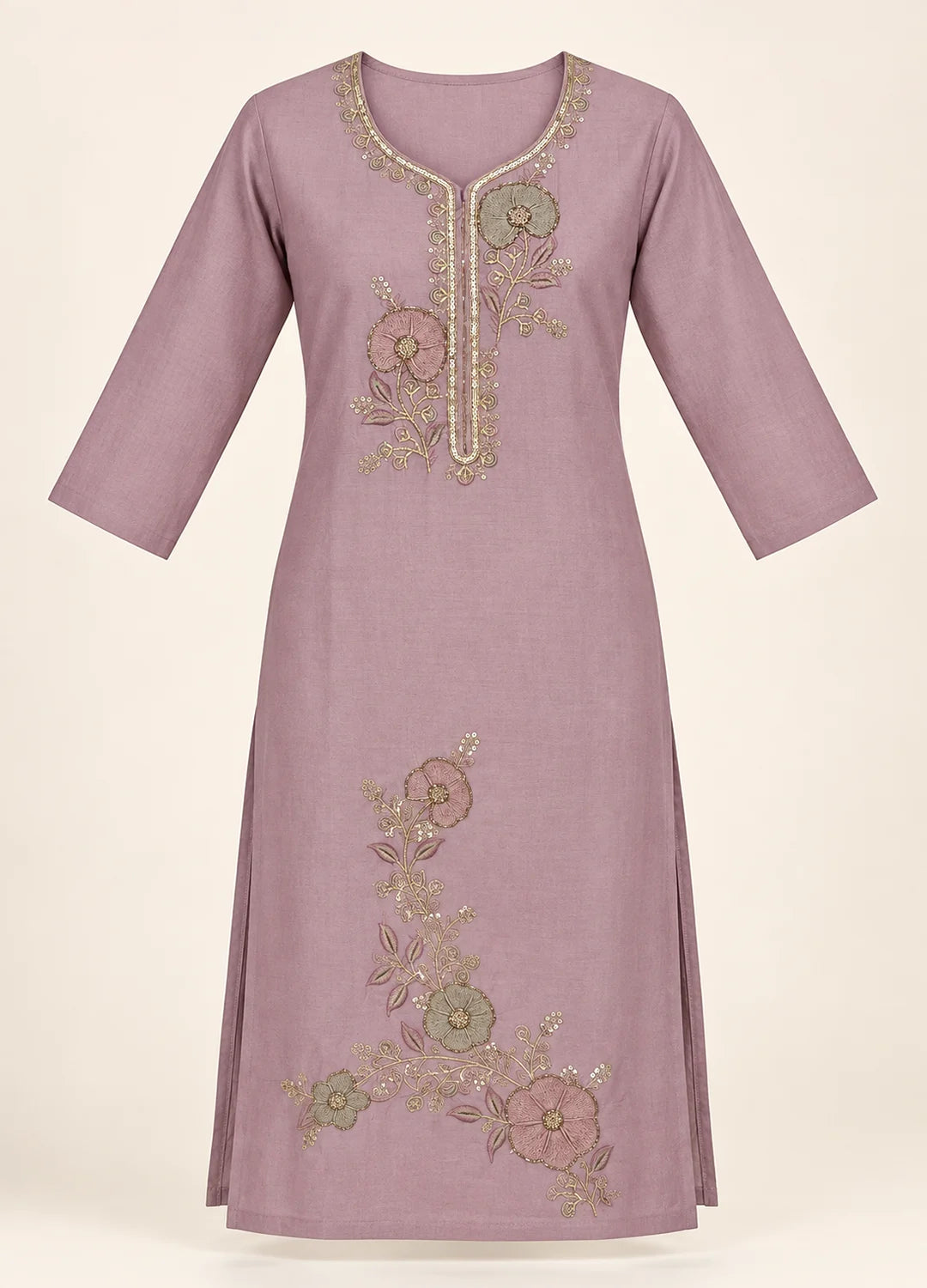 VN Mauve Embroidered Silk Cotton Suit Set
