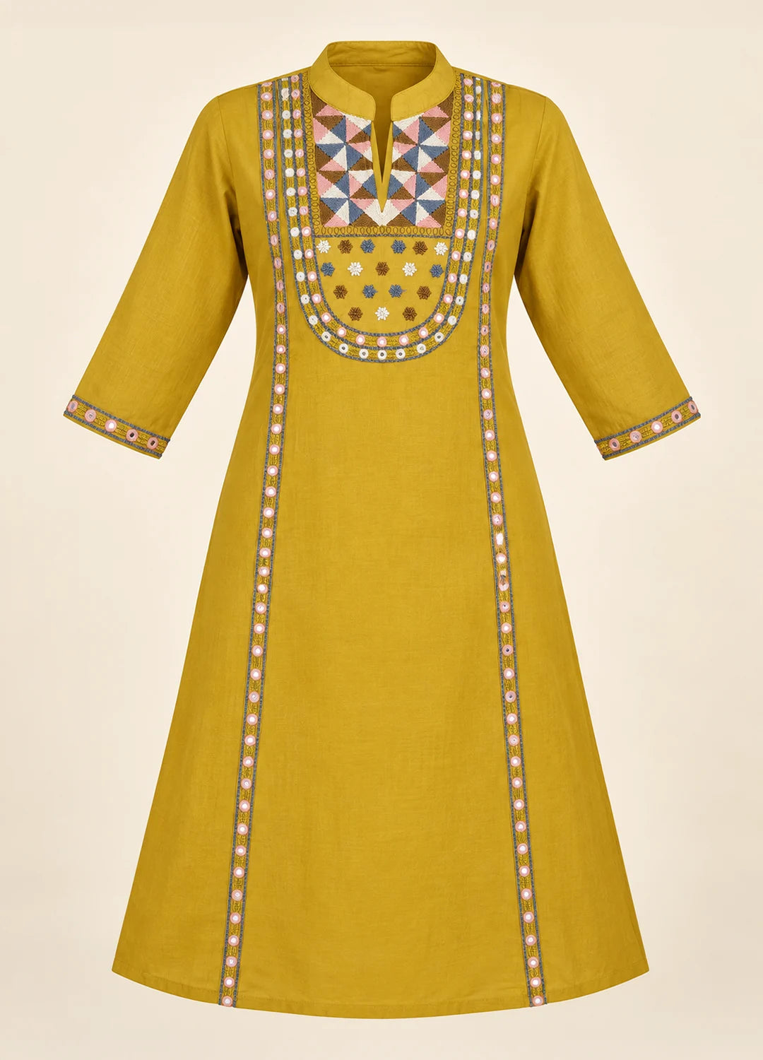 VN Mustard Mirror Work Kurta Set