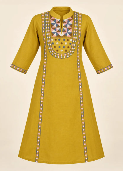 VN Mustard Mirror Work Kurta Set
