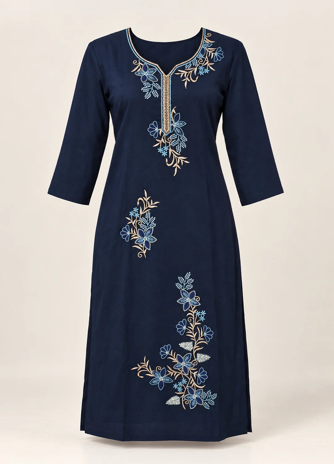 VN Navy Blue Floral Embroidered Kurta Set