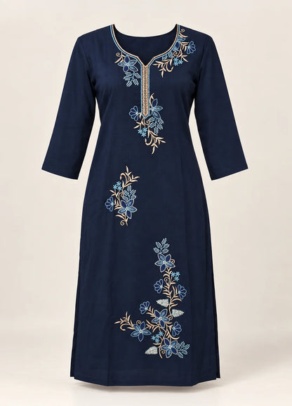 VN Navy Blue Floral Embroidered Kurta Set