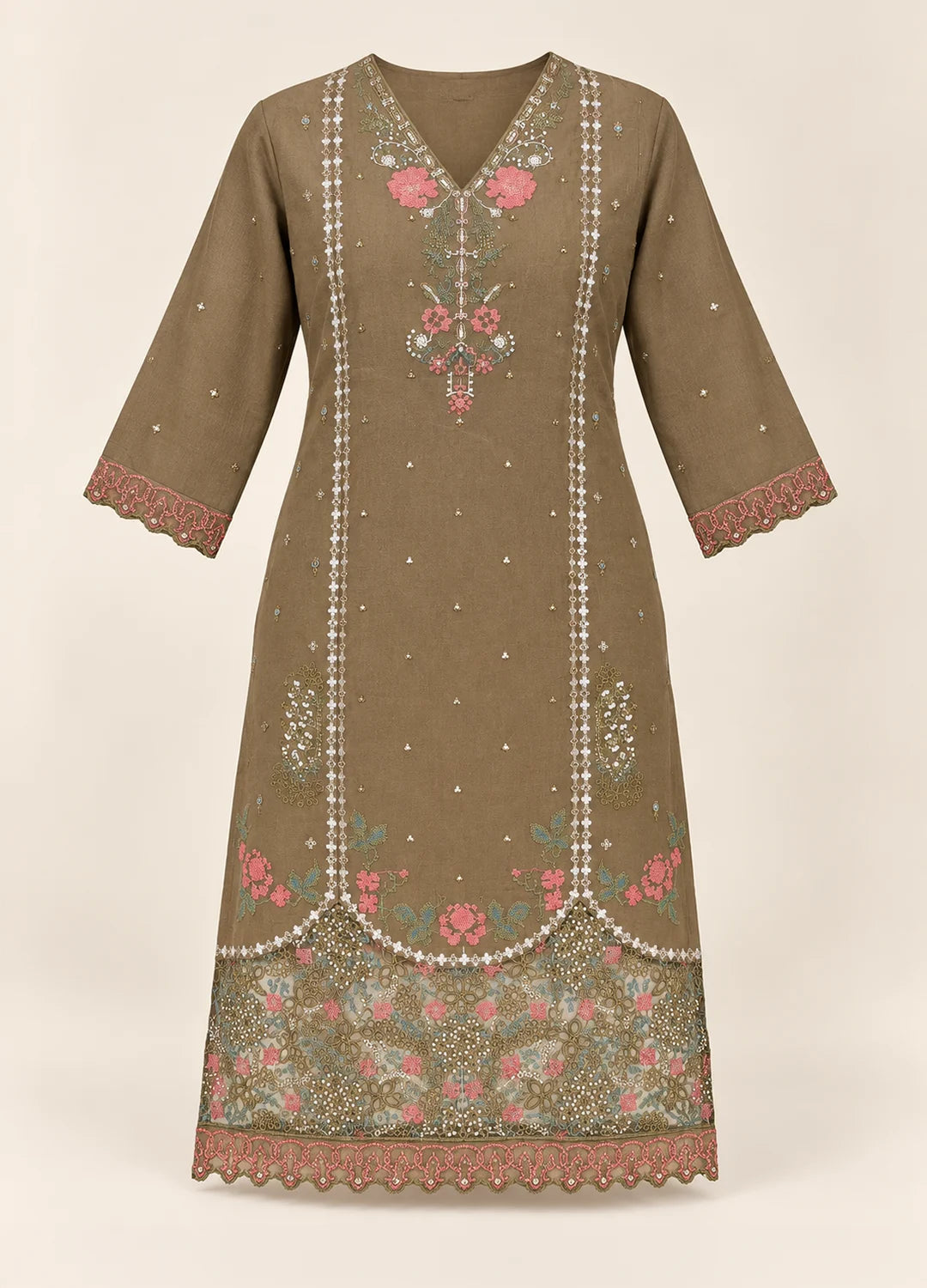 VN Olive Green Embroidered Silk Suit Set