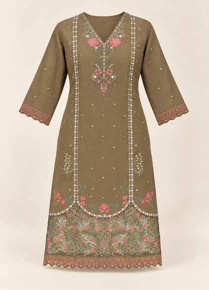 VN Olive Green Embroidered Silk Suit Set