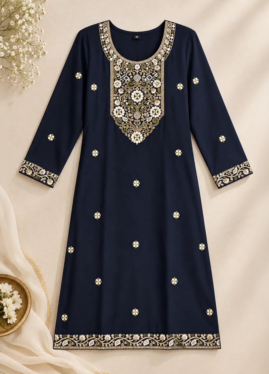 VN Navy Blue Embroidered Kurta Set