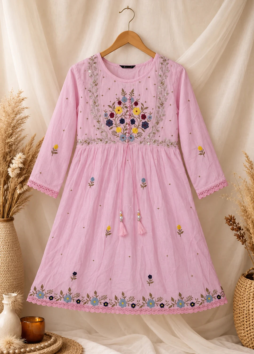 VN Pink Floral Embroidered Flared Top