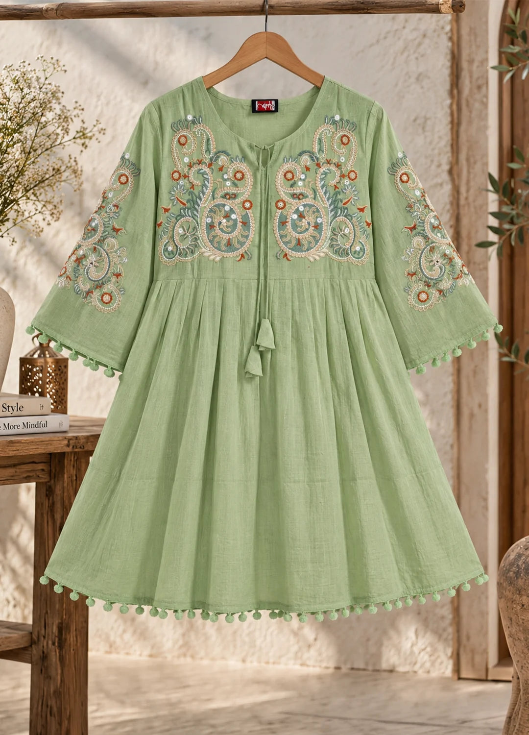 VN Pistachio Green Embroidered Flared Top