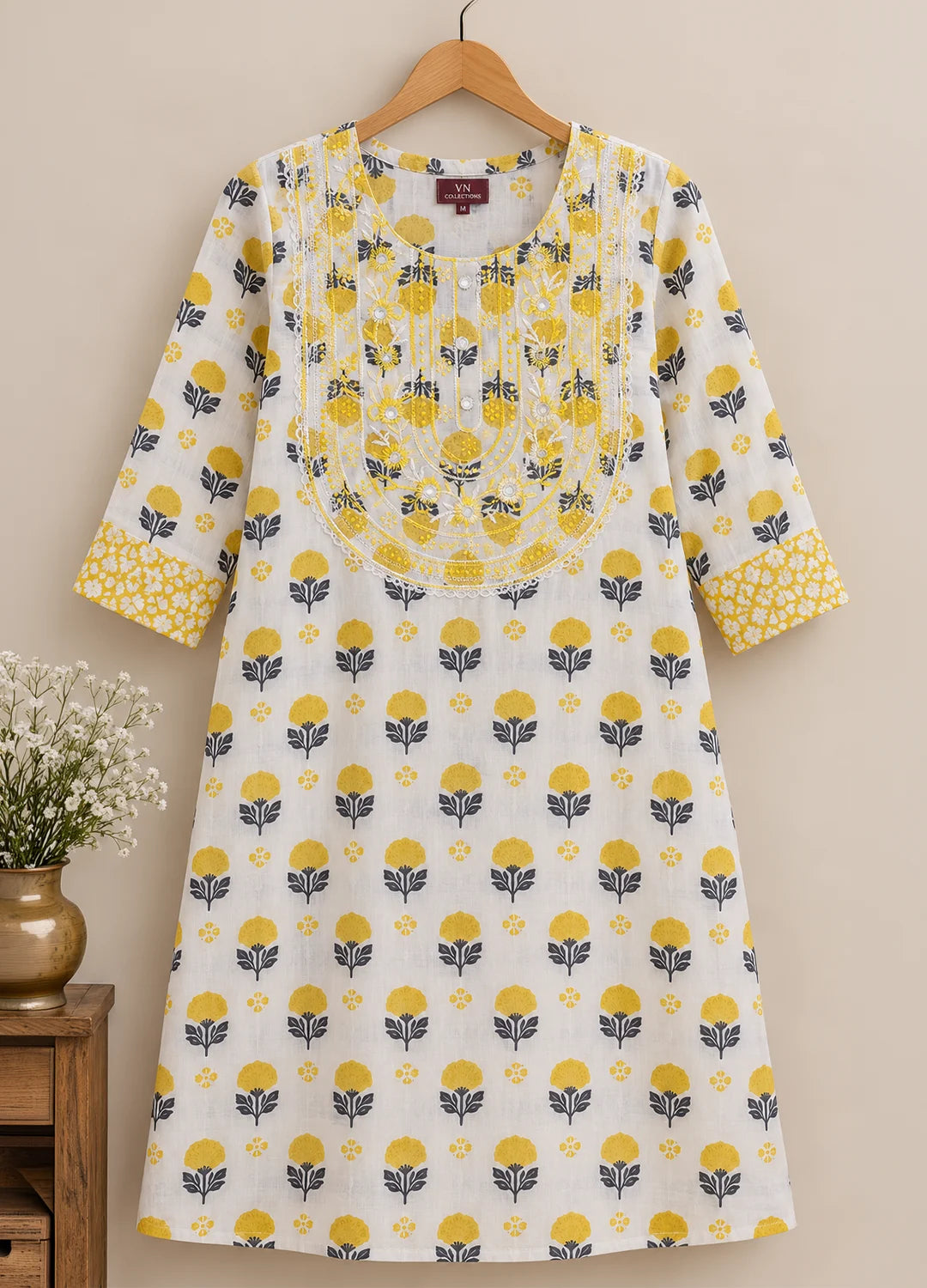 VN Yellow Floral Block Print Kurta Set