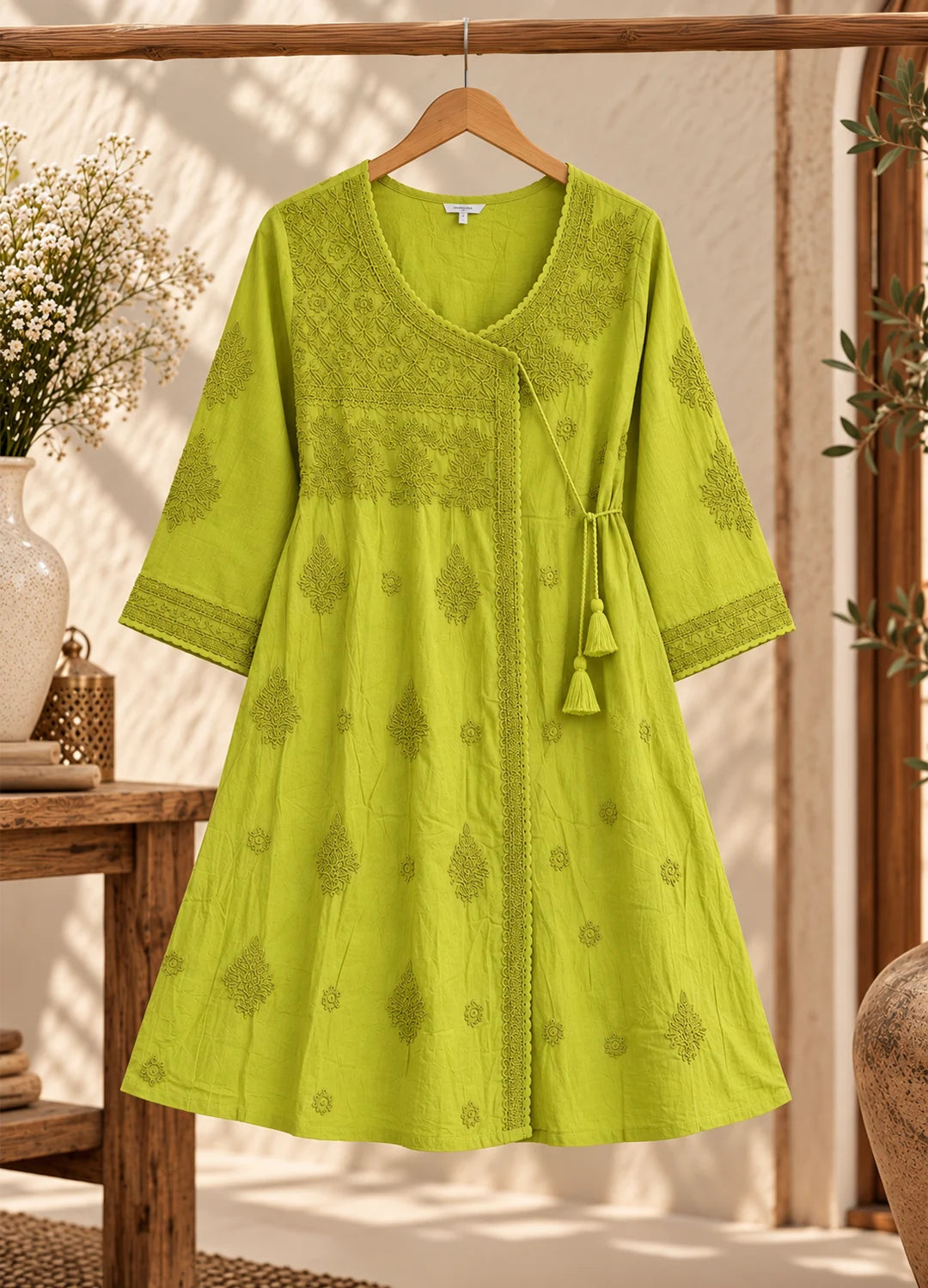VN Lime Green Embroidered Flared Kurta with Straight Pants