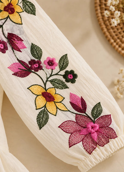VN Ivory Cotton Floral Embroidered Flared Top