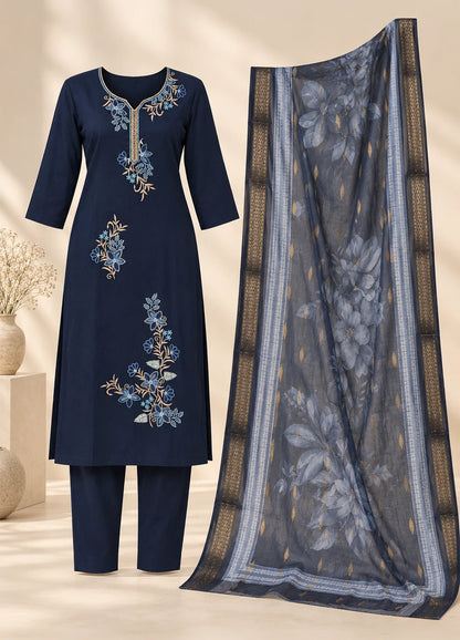 VN Navy Blue Floral Embroidered Kurta Set