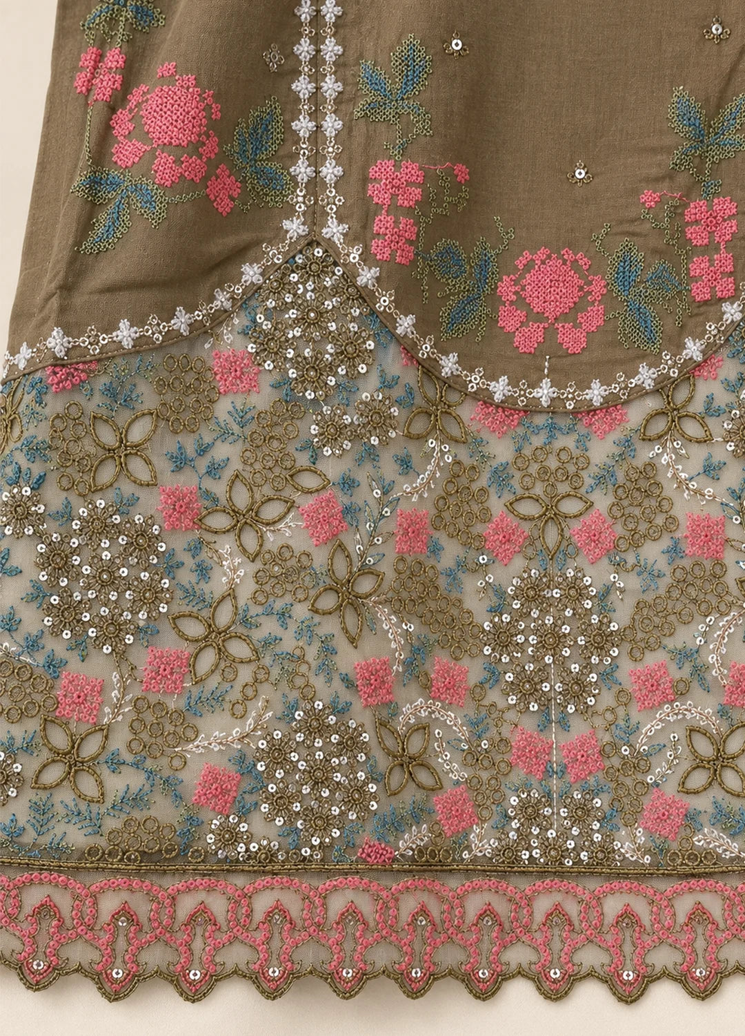VN Olive Green Embroidered Silk Suit Set