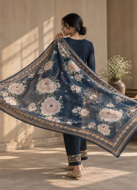 VN Navy Blue Embroidered Kurta Set