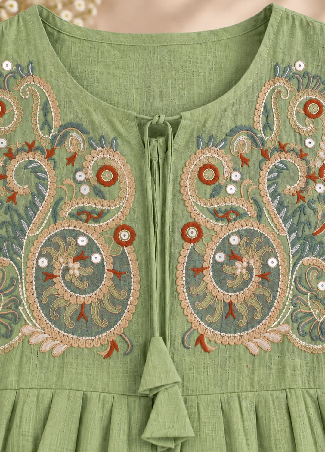 VN Pistachio Green Embroidered Flared Top