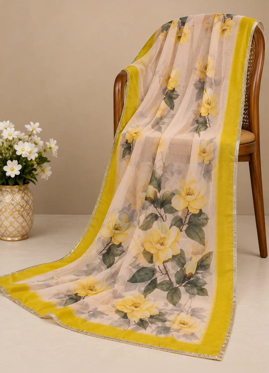 VN Yellow Floral Applique Kurta Set