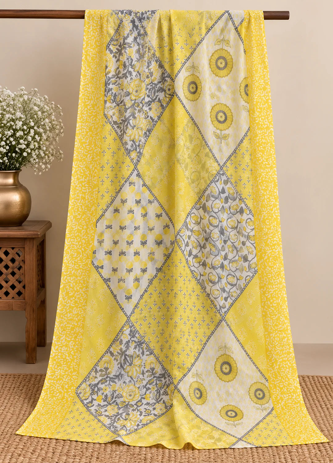 VN Yellow Floral Block Print Kurta Set