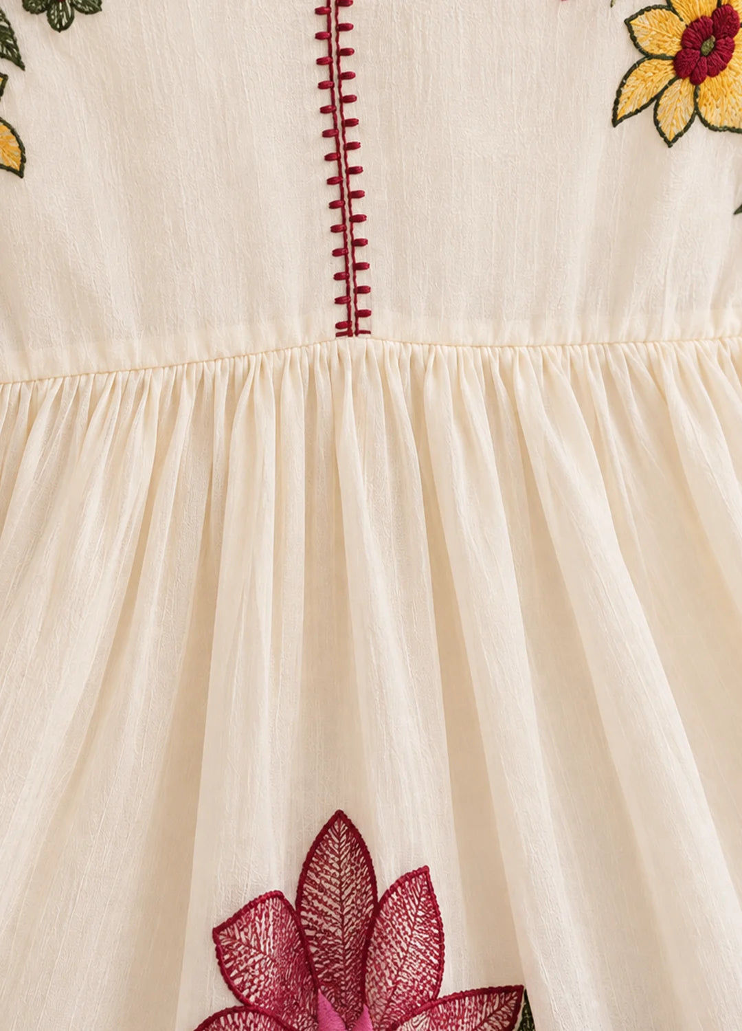 VN Ivory Cotton Floral Embroidered Flared Top