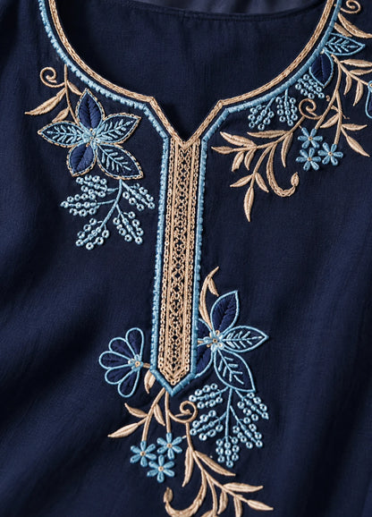 VN Navy Blue Floral Embroidered Kurta Set