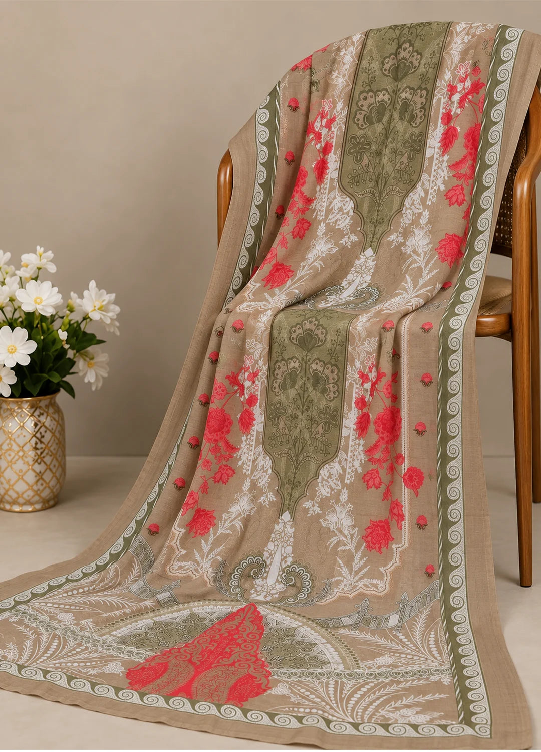 VN Olive Green Embroidered Silk Suit Set
