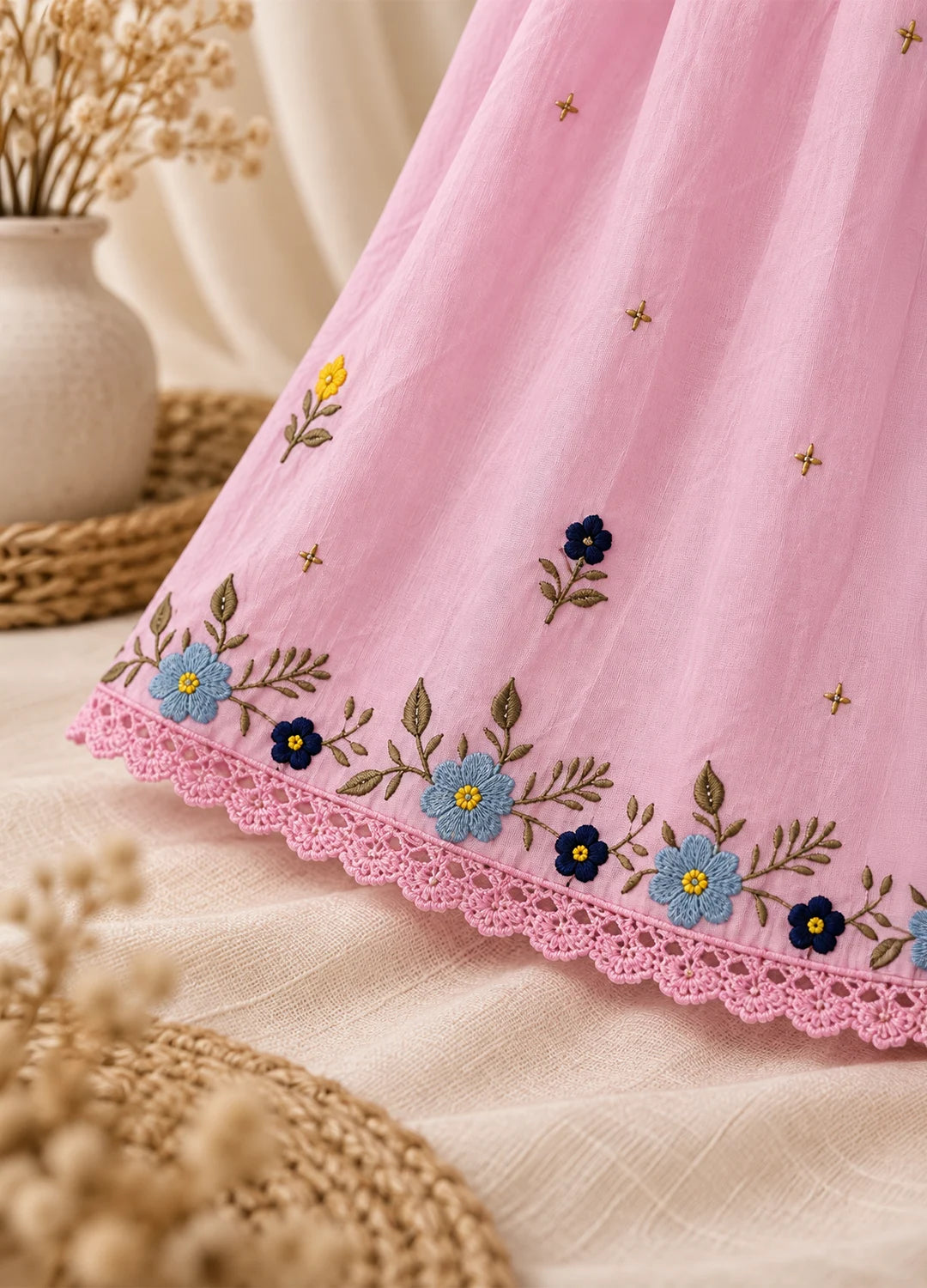 VN Pink Floral Embroidered Flared Top