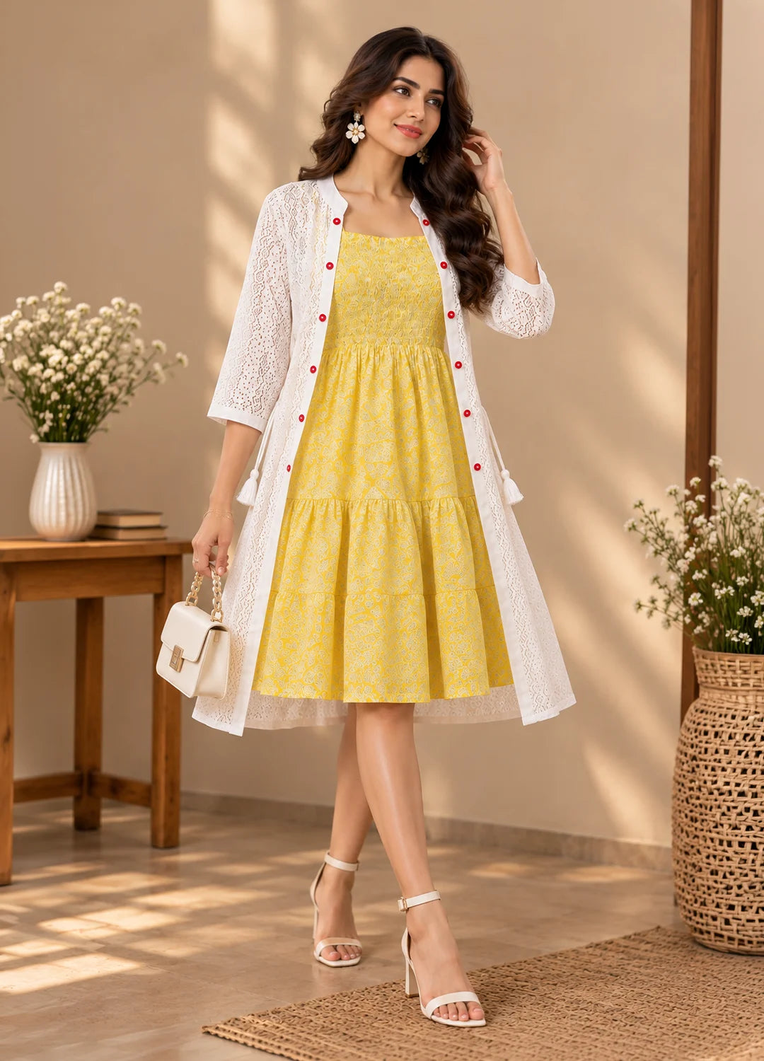 VN White & Yellow Cotton Lace Shrug Kurta