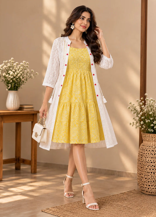 VN White & Yellow Cotton Lace Shrug Kurta